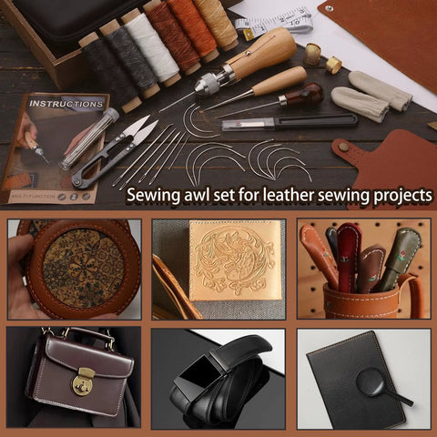 Pro Grade Leather Sewing Kit With Waxed Thread And Hand Sewing Machine Portable Stitching Tool For DIY Leather Repair And Craft With 11 Accessories 3 Needle Sizes 2 Spools And 6 Color Threads displayed with tools and threads.