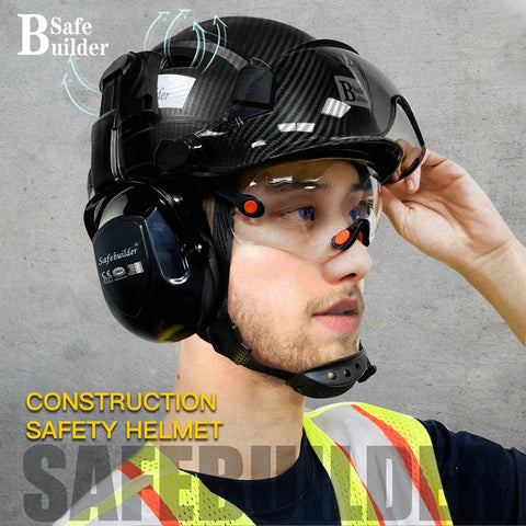 Hard Hat For Construction With Clear And Tinted Visors And Built In Earmuffs Hearing Protection Matte Black Industrial Safety Helmet Featuring 6 Point Suspension Worksite Ready All Day Comfort And Fully Adjustable Fit For Engineers And Builders.