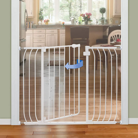 Multi-Use Extra Tall Walk Through Baby Gate In Metal White Finish, 36 Inch Tall, Fits Openings From 29 To 48 Inches Wide, Perfect Baby And Pet Gate For Doorways And Stairways, Easy Install With Quick Mount Kit shown installed in doorway.