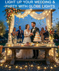 Wedding setup with Warm White 33Ft 100 LED Connectable Globe String Lights With Remote, featuring glowing lights and cake table.
