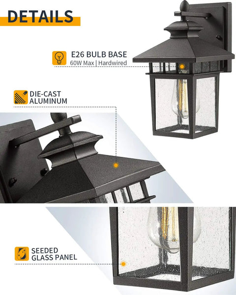 Outdoor Wall Light Lanterns, Black Cast Aluminum Exterior Fixtures with Seeded Glass, colonial pagoda style details