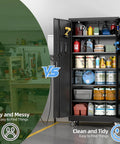 Industrial Metal Garage Storage Cabinet On Wheels With 5 Adjustable Shelves filled with various tools and supplies, organized and tidy