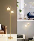 67.5 Inch Mid Century Modern Globe Floor Lamp With Dimmable LED Brightness, Gold Brass Finish, Frosted Glass Globe Shades, Tall Standing Pole Lamp