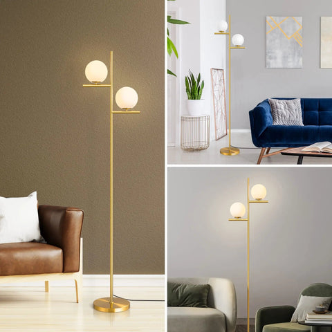 67.5 Inch Mid Century Modern Globe Floor Lamp With Dimmable LED Brightness, Gold Brass Finish, Frosted Glass Globe Shades, Tall Standing Pole Lamp