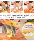 Crinkle cutter and waffle fry cutter with yellow handle and stainless blades; collage of front and side veggie cuts.