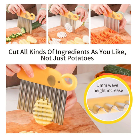 Crinkle cutter and waffle fry cutter with yellow handle and stainless blades; collage of front and side veggie cuts.