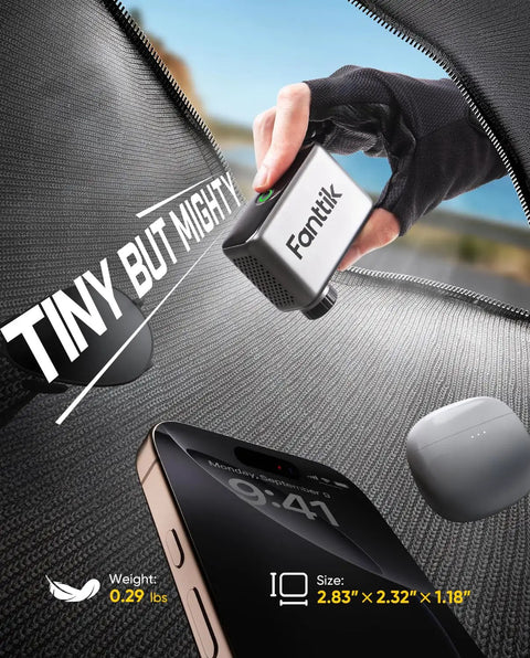 Hand holding Tiny But Mighty Mini Electric Bike Pump With 120 PSI Presta And Schrader Valve Fast Inflate Ultra Portable
