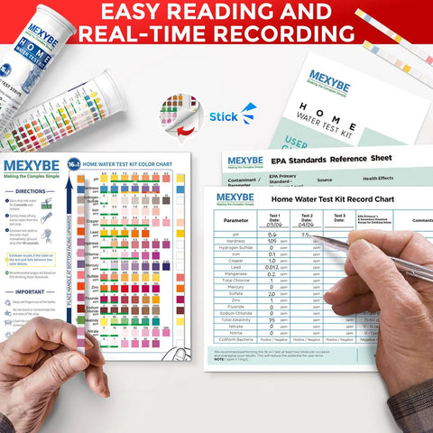 No Sweat 17 In 1 Drinking Water Testing Kit With 100 Strips Plus Four Bacteria Checks For Family Tap And Well Water Assurance showing color chart and recording sheets.