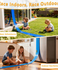 Kids playing with Flexible 16Ft Race Track Set With Roll Up Storage And Six Diecast Cars For One Sixty Four Scale Play Setup indoors and outdoors