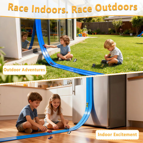Kids playing with Flexible 16Ft Race Track Set With Roll Up Storage And Six Diecast Cars For One Sixty Four Scale Play Setup indoors and outdoors