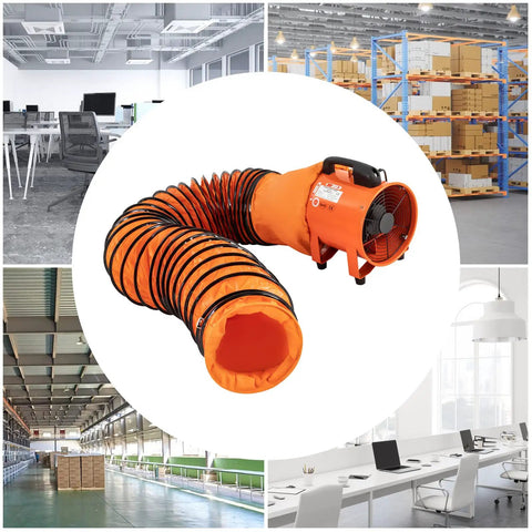 Heavy-Duty Portable Air Blower With Hose For Fast Ventilation And Extraction, shown in various industrial settings