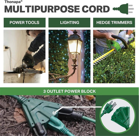 Weatherproof Green Outdoor Extension Cord 50 Feet With Three Outlets 16/3 SJTW Heavy Duty Exterior Cable for tools and lights
