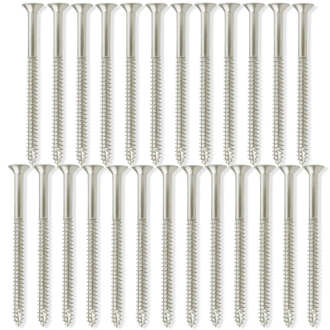 Rock Solid Satin Nickel Door Hinge Screws 9 By 3 Inch Heavy Duty Alloy Steel Hardware For Interior Exterior Wood Or Metal Doors 25 Pack arranged in neat rows.