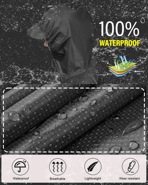 Black Hooded Packable Unisex Rain Poncho With Front Pocket Ultra Lightweight Waterproof Raincoat showcasing waterproof fabric.