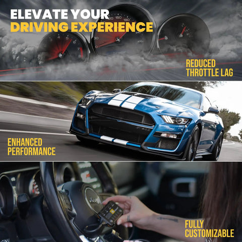 Ford Mustang Mach E 2021 Through 2026 Throttle Response Controller With Wireless App Sync And Four Drive Modes displayed in car interior and on vehicle.