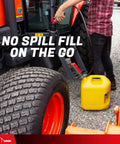 Heavy Duty Portable Battery Powered Fuel Transfer Pump With Flow Control Nozzle And Reinforced Vinyl Hose for easy gas transfer into yellow canister.