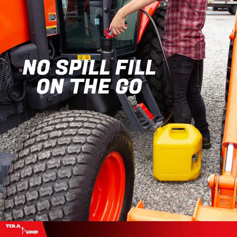 Heavy Duty Portable Battery Powered Fuel Transfer Pump With Flow Control Nozzle And Reinforced Vinyl Hose for easy gas transfer into yellow canister.