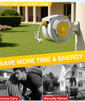 Retractable Garden Hose Reel With Wall Mount, Heavy Duty Five Eighth Inch Hybrid Hose, mounted on a wall with garden view