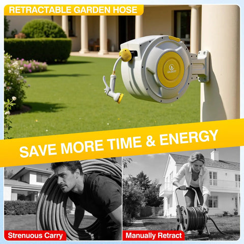 Retractable Garden Hose Reel With Wall Mount, Heavy Duty Five Eighth Inch Hybrid Hose, mounted on a wall with garden view