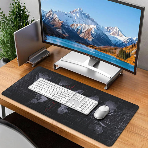 World Map Themed Go To Gaming Mouse Pad For Desk And Keyboard, Large 31.5 Inch By 11.8 Inch, Non Slip Base, Black desk setup.