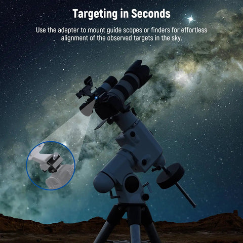 Rock Solid All Metal Telescope Finderscope Mount Adapter with Cold Shoe in use under starry sky for astrophotography.