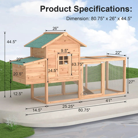 Outdoor Chicken Coop For 2-4 Chickens Wooden Hen House With Nesting Box Ramp And Run Cage Built To Last Waterproof Asphalt Roof Wire Fence 80 Inch Long Poultry Hutch with dimensions
