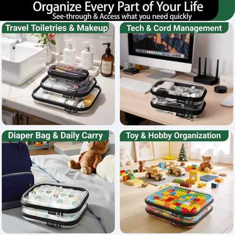 Three Pack Large Clear Hard Shell Zipper Cases With 1.2mm Rigid Construction, waterproof travel organizer pouches in various uses.
