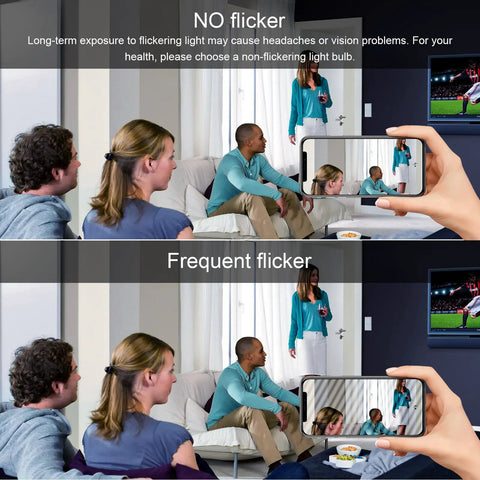 Comparison of no flicker vs frequent flicker for 8 Pack G25 LED Globe Light Bulbs 5000K Daylight, 60W Equivalent, E26 Medium Base.