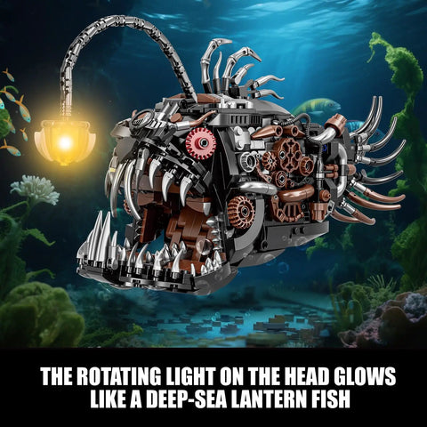 Mechanical Angler Fish Building Set With Light For Home Office Decor And Ocean Themed Lit Fun Lantern Fish Toy Lego Compatible Sea Creature STEM Gift Idea For Adults And Teens 1038 Piece Set, black