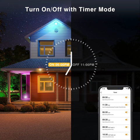 Smart RGB Flood Lights 30W With App Control, 16 Million Colors And Tunable White 2700K-6500K illuminating house exterior with timer mode