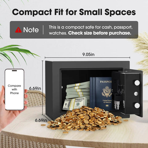 Compact Digital Home Safe with Keypad and Emergency Key, Mini 0.3 Cu Ft Stash Box open with coins and passport inside