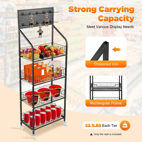 Heavy Duty Four Tier Mesh Display Rack With Ten Secure Hooks Mobile Snack Organizer Cart Featuring Smooth Gliding Locking Casters Straight Up Game Changing Storage