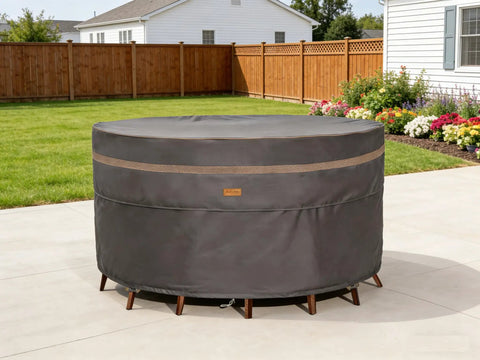 Heavy Duty Round Patio Table And Chair Cover 84 Inch Diameter 28 Inch High Waterproof UV Resistant Dark Grey Fits 84 Inch Tables Or 47 Inch Tables With Chairs Outdoor Weatherproof Protection showing installed on outdoor furniture
