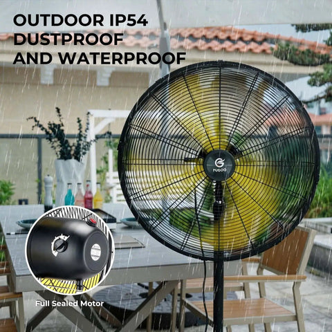 Whisper Quiet 24 Inch Industrial Pedestal Fan With Brushless DC Motor, 5000 CFM Waterproof Heavy Duty Outdoor Fan in rain, patio setting