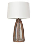 Vintage Farmhouse Wood Two Light Table Lamp With Netted Shade And Old Wood Base White Fabric Shade Dual Sockets 3 Way Bulb Capability Rotary Switch On Socket Rustic Charm For Living Room Or Hallway Cozy Farmhouse Vibe on white background