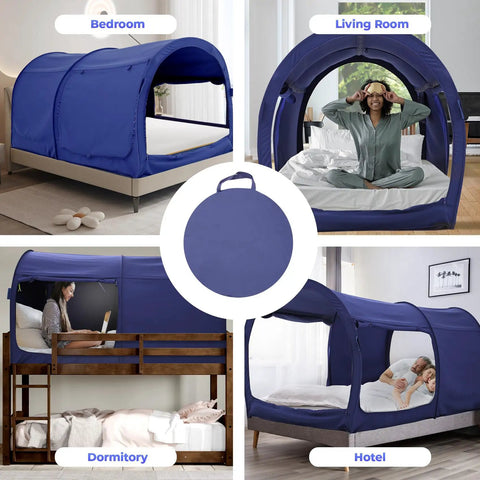 Full Size Bed Canopy Tent For Privacy And Comfort, Dream Space Pop Up Indoor Tent with Portable Frame, in various rooms.