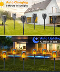 8 Pack Ultra Bright Solar Torch Lights With Flickering Flame installed in a garden during day and night, showing auto on/off feature.