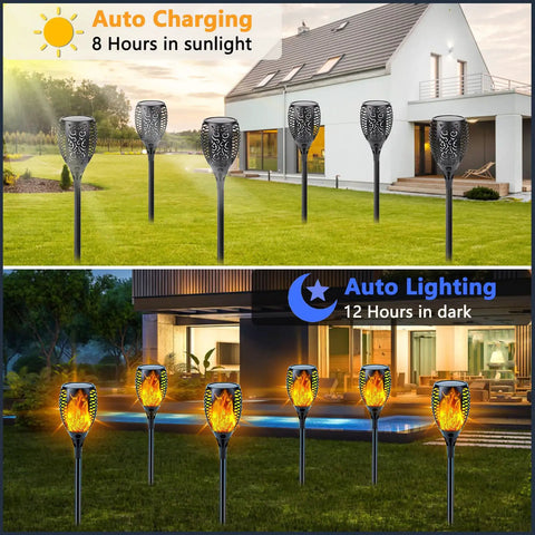 8 Pack Ultra Bright Solar Torch Lights With Flickering Flame installed in a garden during day and night, showing auto on/off feature.