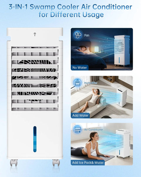 Portable Evaporative Air Cooler With Remote Control, Windowless Cooling Unit That Blows Cold Air, 3-in-1 functions, white