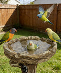23 Inch Tall Pedestal Bird Bath With Woodland Tree Trunk Decor in garden with colorful birds bathing and flying, fiber reinforced concrete