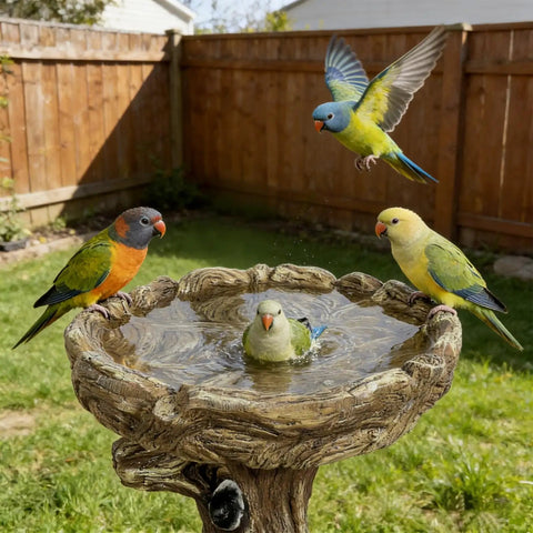 23 Inch Tall Pedestal Bird Bath With Woodland Tree Trunk Decor in garden with colorful birds bathing and flying, fiber reinforced concrete
