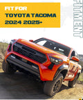 Toyota Tacoma pickup truck on off-road dirt trail, orange body, front-three-quarter view