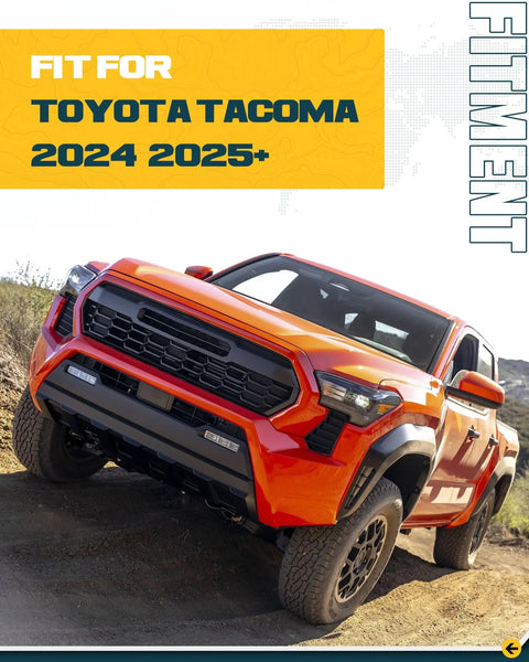 Toyota Tacoma pickup truck on off-road dirt trail, orange body, front-three-quarter view