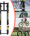 20 Inch Fat Tire Mountain Bike Fork With Beefed Up Inverted Air Suspension, 15x150mm Thru Axle displayed with fat tire bikes