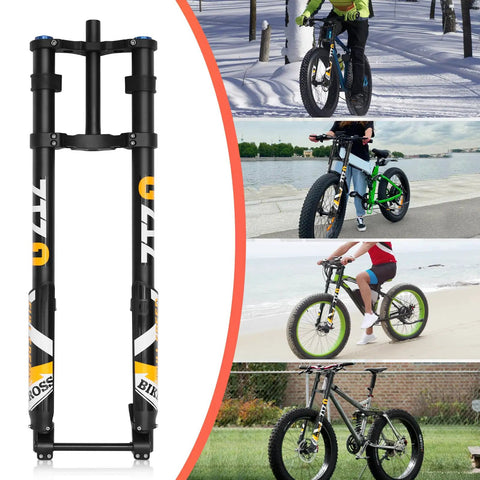 20 Inch Fat Tire Mountain Bike Fork With Beefed Up Inverted Air Suspension, 15x150mm Thru Axle displayed with fat tire bikes