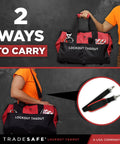 Valve Lockout Tagout Kit For 55 LOTO Devices, OSHA Compliant heavy duty bag with straps, carried by person wearing orange shirt
