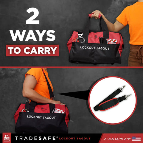 Valve Lockout Tagout Kit For 55 LOTO Devices, OSHA Compliant heavy duty bag with straps, carried by person wearing orange shirt