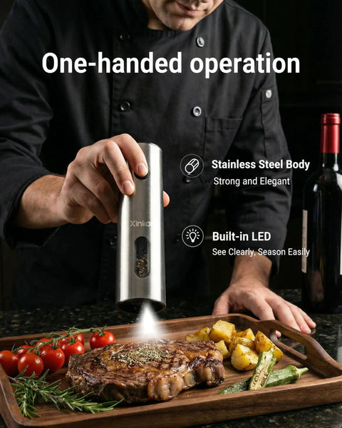 Xinkor Electric Salt And Pepper Grinder Set With Usb Rechargeable Charging Base Auto Sensor Cordless Pepper Mill Kitchen Spice Shaker For Dining Table used to season steak with fresh herbs.