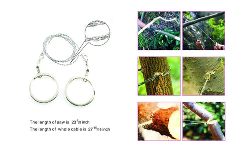 Heavy duty wire saw from Comprehensive Survival Kit With Windproof 2.6 Inch Matches In Waterproof Case Thermal Blankets Fire Ropes And Wax Rope Heavy Duty Wire Saw 14 In 1 Tool Bug Out Bag Gear For Camping And Emergency Prep, shown cutting branches.