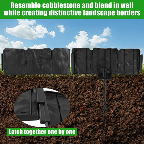 No Dig Garden Edging Border With Landscape Anchoring Spikes Black Stone Effect Plastic Lawn Edging showing interlocking join